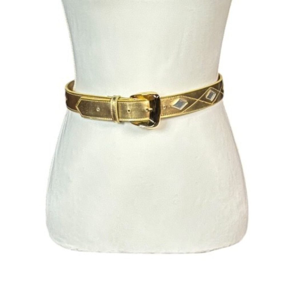 Vintage Liz Claiborne Statement Belt Gold Size Medium Faux Leather Retro Diamond - Picture 10 of 11